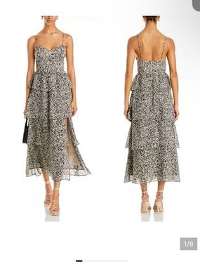 Aqua Black and White Floral Tiered Spaghetti-Strap Midi Dress